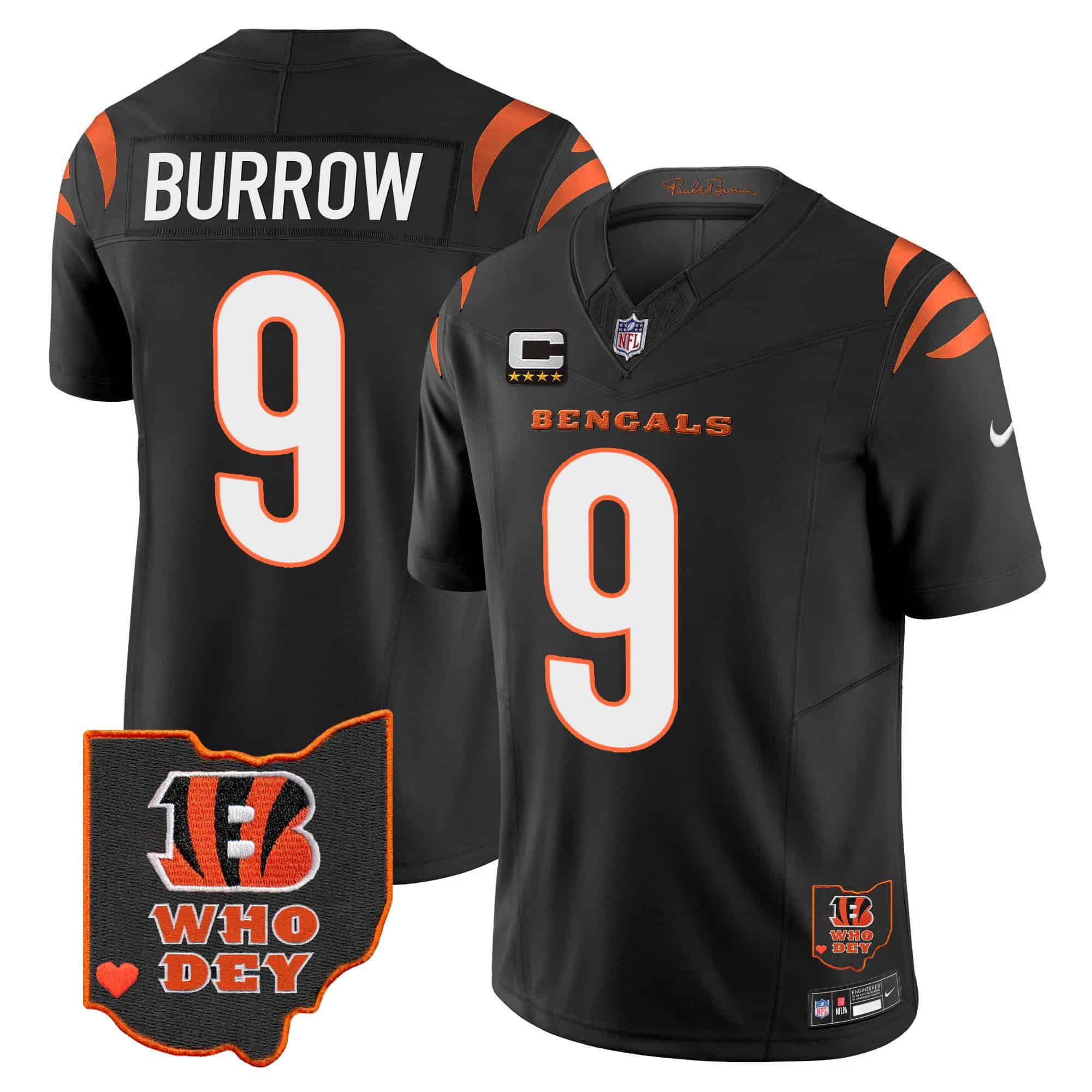 Men Cincinnati Bengals #9 Burrow Black 2024 Nike Patch Vapor Limited NFL Jersey style 1